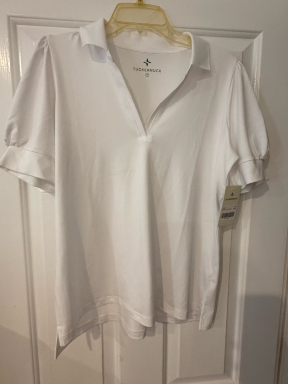 Tuckernuck White V-Neck Polo with Puff Sleeves